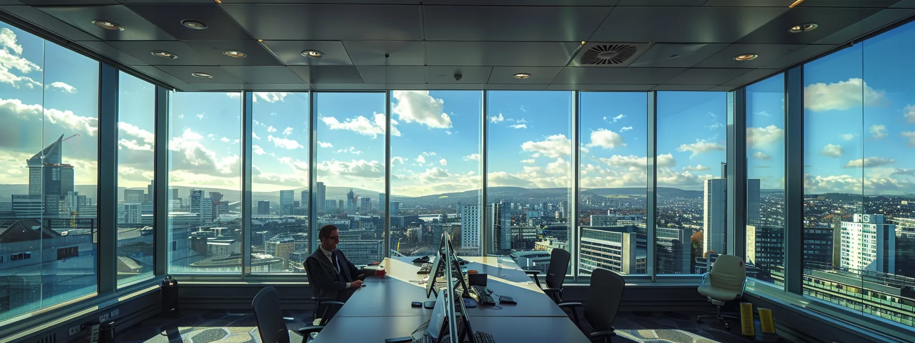 an office overlooking cardiff's skyline, with a team of seo experts strategising on how to dominate the digital landscape.