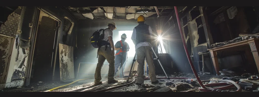 a detailed interior scene showcasing a professional restoration team meticulously assessing a charred room, with tools and safety gear prominently displayed as they evaluate fire-damaged structures against a backdrop of marked repair plans and national standards documentation.