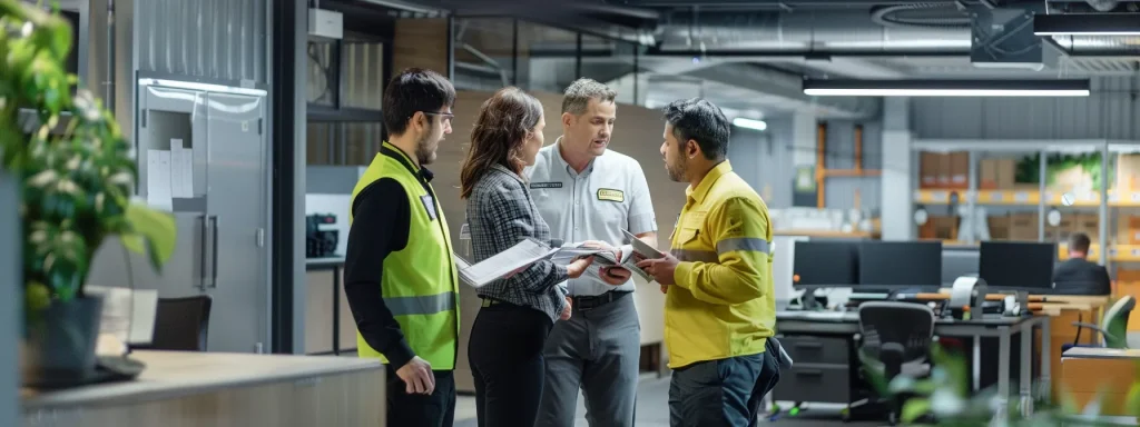 a modern office interior showcases a dedicated team of fire damage restoration experts examining charred materials and discussing recovery strategies, with certification badges prominently displayed on the wall, capturing the essence of professionalism and safety in restoration services.