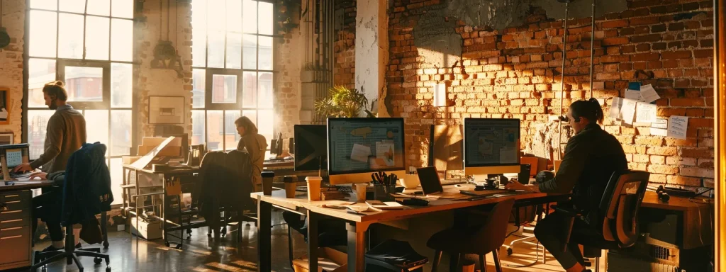 a detailed view of an industrial-style office with exposed brick walls, showcasing a team of professionals strategising around an extensive fire damage assessment report, surrounded by equipment for thorough restoration planning under cool, clinical lighting.