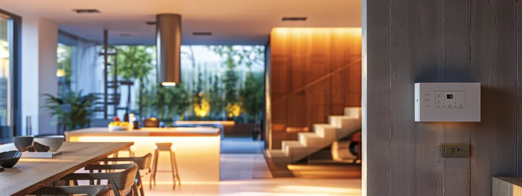 a modern home interior showcases strategically placed smoke detectors and a sleek fire alarm system on a minimalist wall, with an open kitchen featuring essential fire safety appliances prominently displayed.