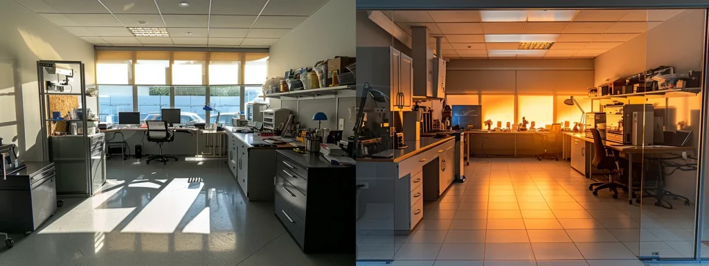 a modern, well-lit restoration office featuring a dedicated air purification system and smoke odour removal equipment, showcasing a clean, smoke-free environment that highlights the importance of effective fire damage restoration techniques.
