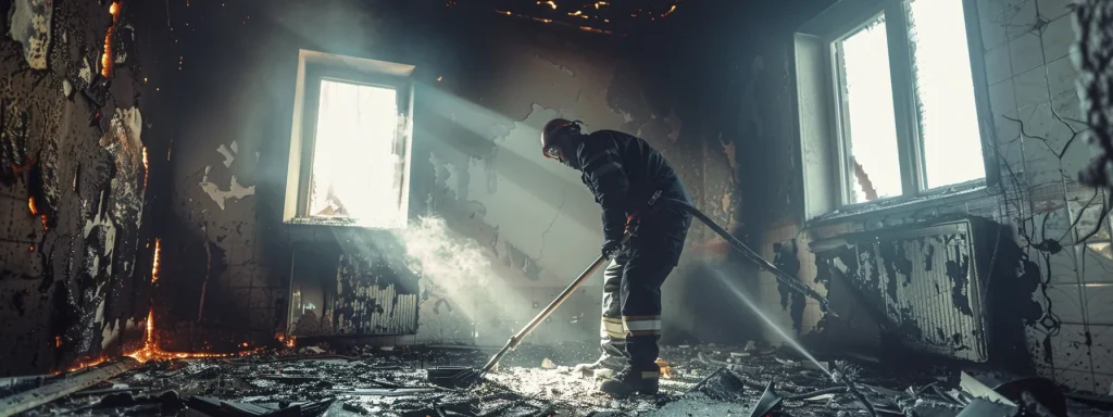 a professional restoration team meticulously removes soot from charred walls in a dimly lit office interior, showcasing the urgent process of fire damage cleanup and recovery amidst water-damaged surfaces.