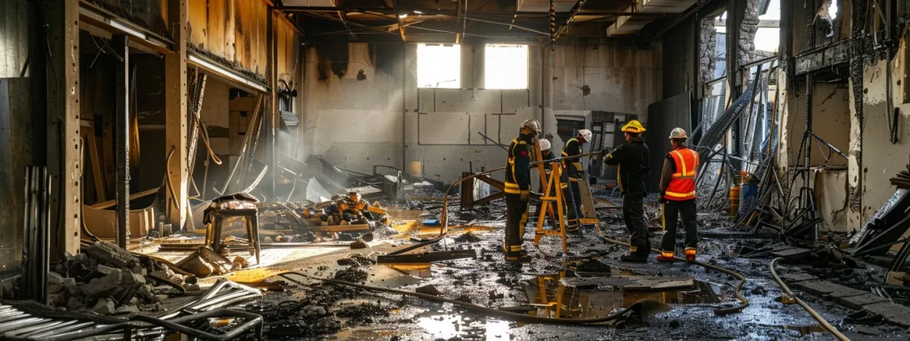 a stark, industrial interior showcases a team of professionals meticulously assessing and repairing a charred and water-damaged room, illuminated by harsh overhead lighting that highlights the contrasts between the remnants of destruction and the restoration efforts underway.